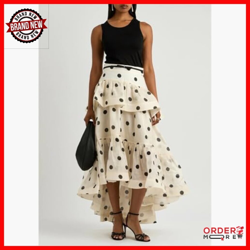 Polka Dot Maxi Skirt High Waist Asymmetrical Ruffle Layered Summer - Picture 2 of 7